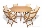 Teak Dining Set 60in Round Table and 6 Folding  sling arm Chairs cream