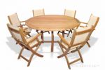 Teak Dining Set 60in Round Table and 6 Folding  sling arm Chairs cream